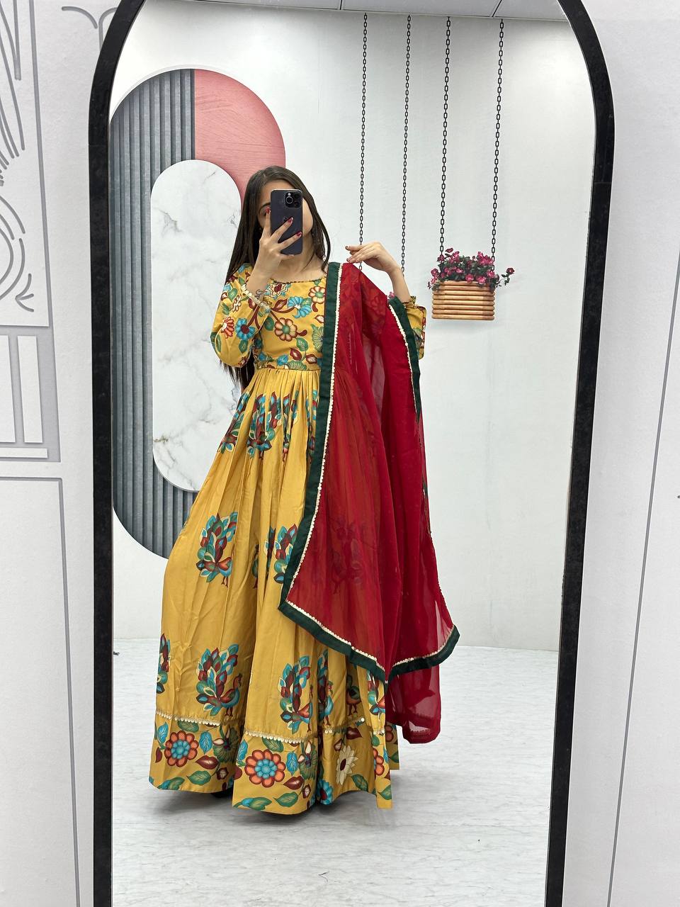 Digital Print Chent Crep Gown with Matching Dupatta - Fully Stitched, Micro Cotton Inner