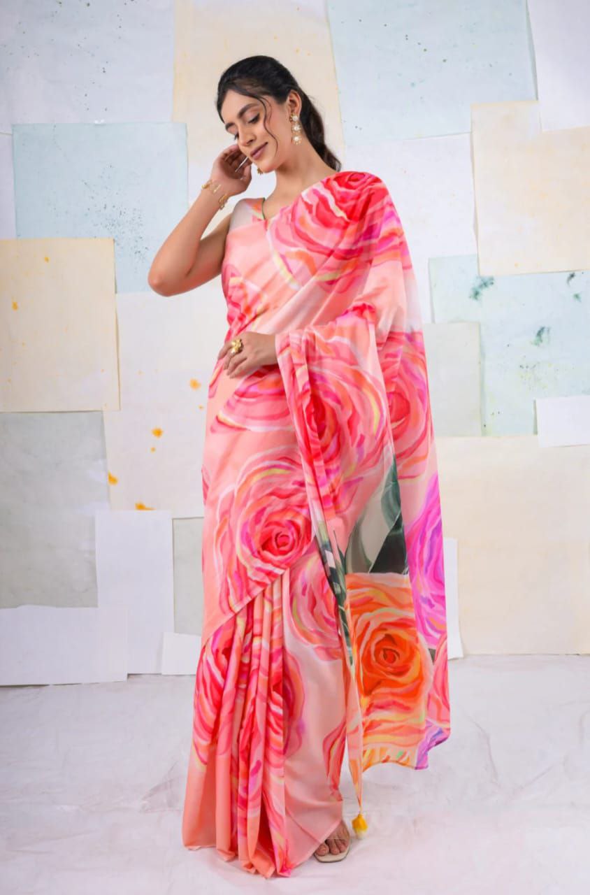 Luxurious Digital Printed Japan Satin Silk Saree with Blouse