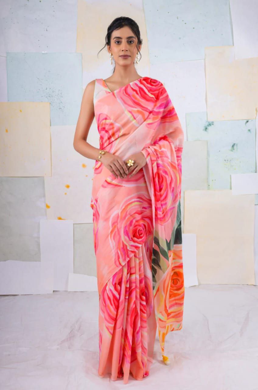 Luxurious Digital Printed Japan Satin Silk Saree with Blouse