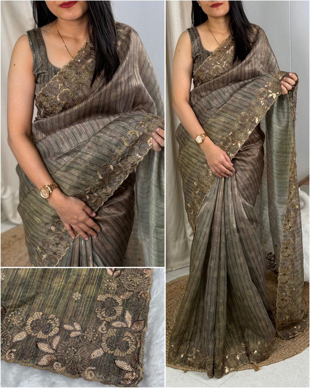 Exclusive Party Wear Printed Cotton Silk Saree with Lurex Zari Weaving & Matt Sequins Work