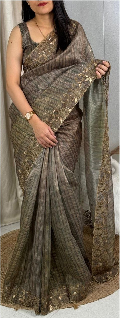 Exclusive Party Wear Printed Cotton Silk Saree with Lurex Zari Weaving & Matt Sequins Work