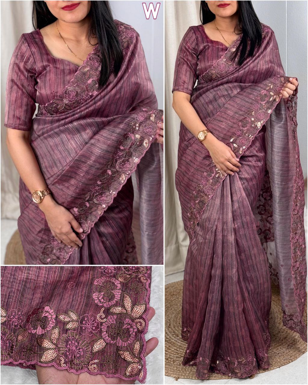 Exclusive Party Wear Printed Cotton Silk Saree with Lurex Zari Weaving & Matt Sequins Work