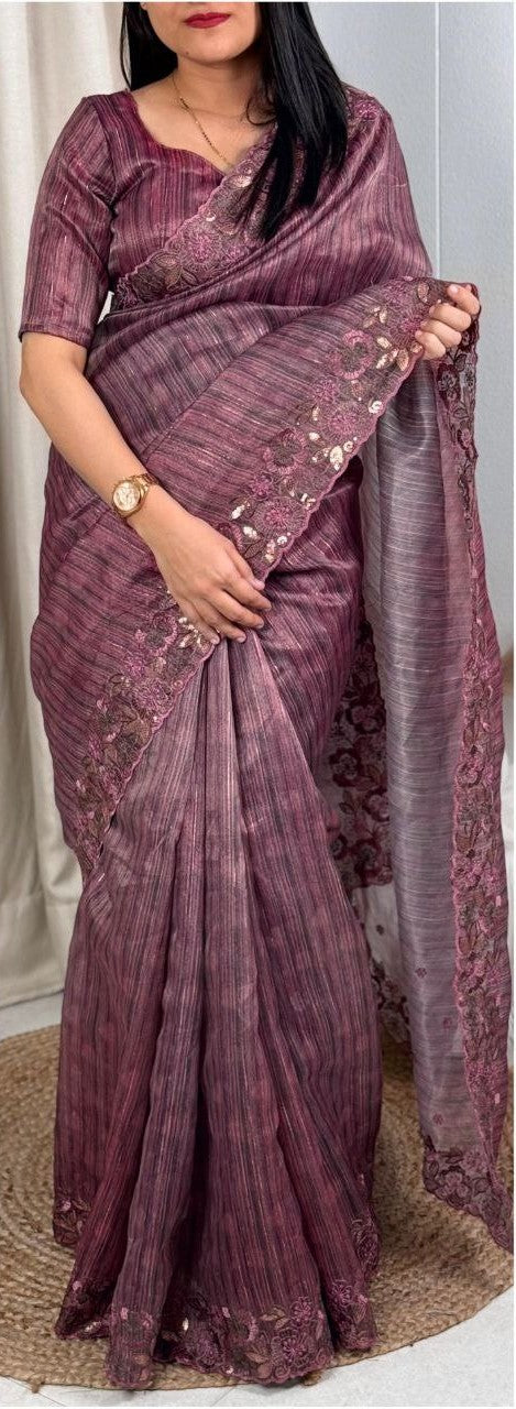 Exclusive Party Wear Printed Cotton Silk Saree with Lurex Zari Weaving & Matt Sequins Work