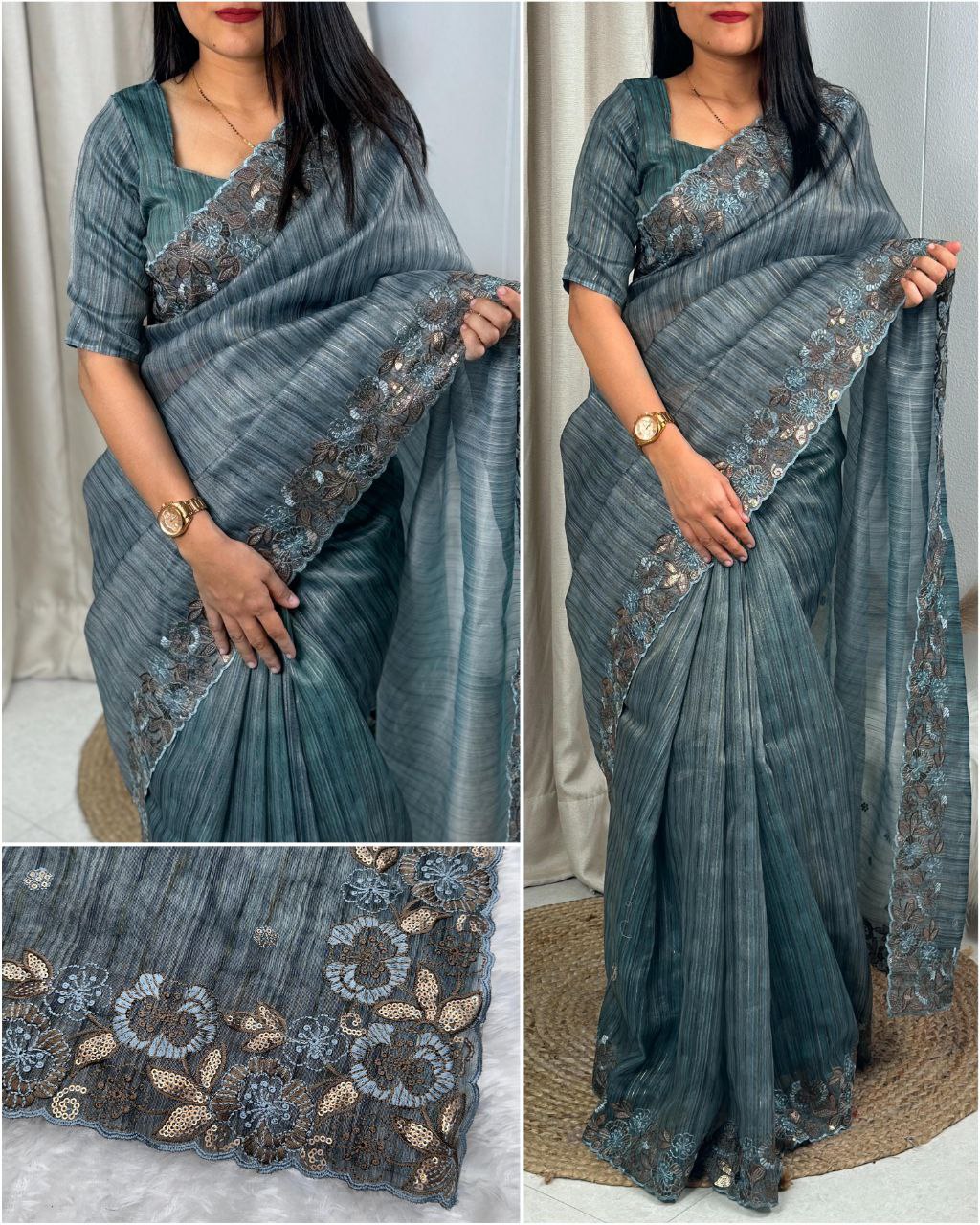 Exclusive Party Wear Printed Cotton Silk Saree with Lurex Zari Weaving & Matt Sequins Work