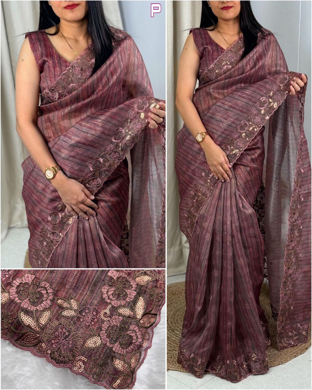 Exclusive Party Wear Printed Cotton Silk Saree with Lurex Zari Weaving & Matt Sequins Work