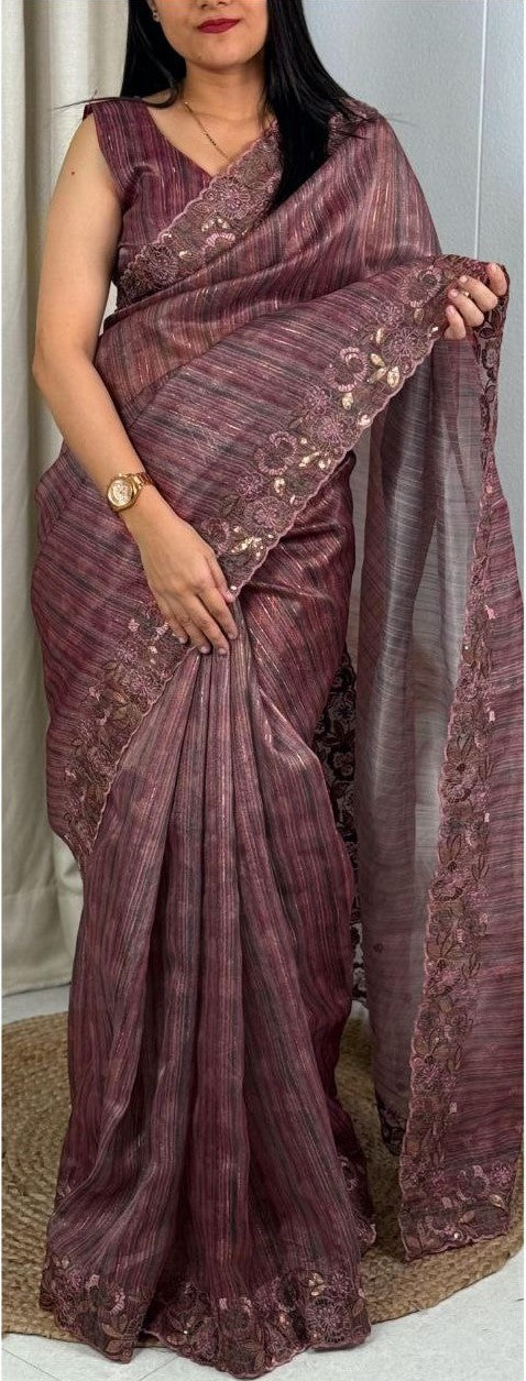 Exclusive Party Wear Printed Cotton Silk Saree with Lurex Zari Weaving & Matt Sequins Work