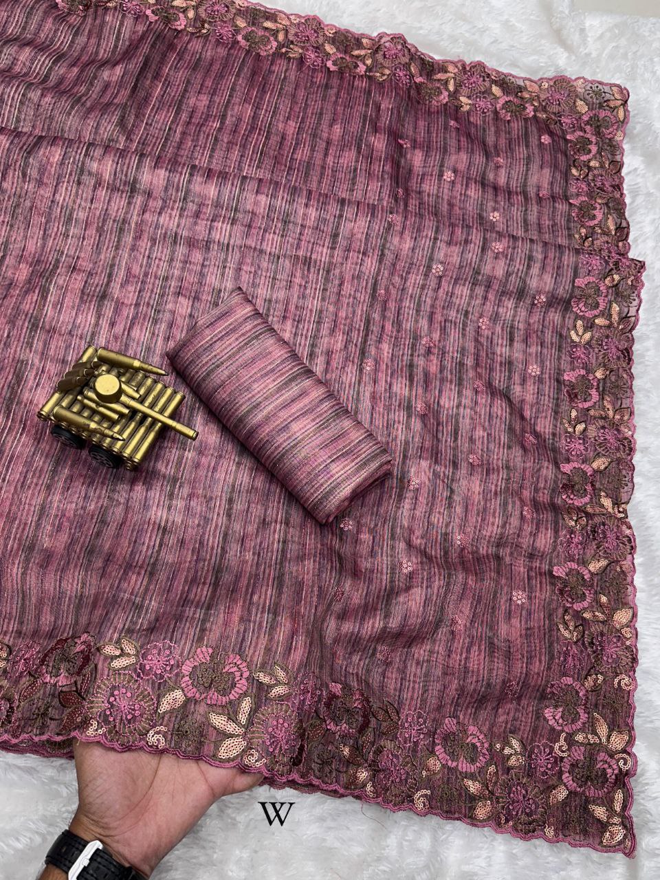 Exclusive Party Wear Printed Cotton Silk Saree with Lurex Zari Weaving & Matt Sequins Work