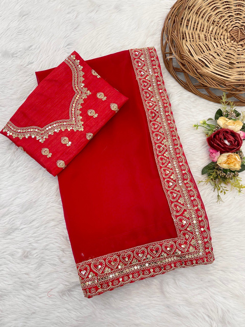 Bollywood-Inspired Red Lace Border Saree with Fancy Thread & Sequins Work