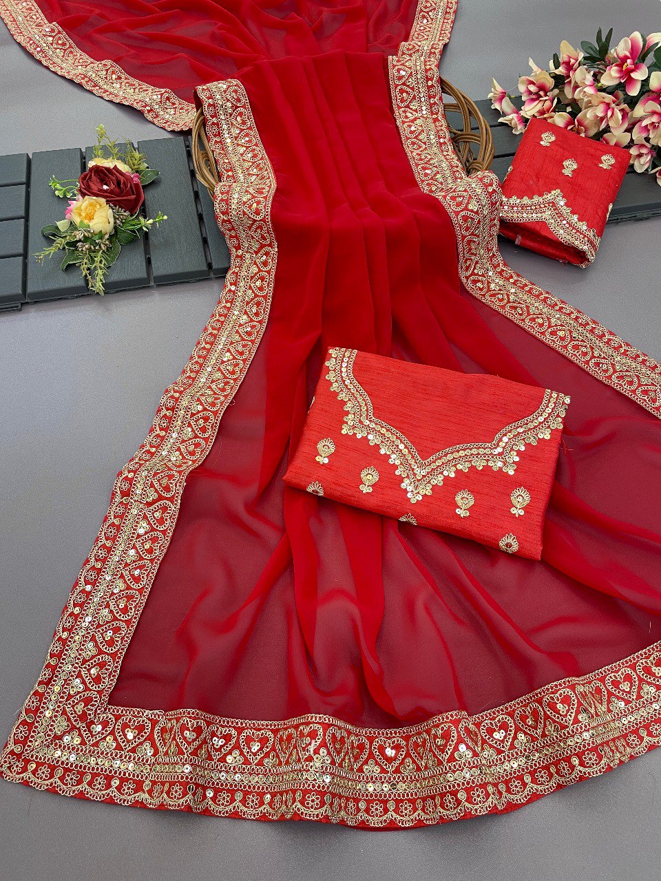 Bollywood-Inspired Red Lace Border Saree with Fancy Thread & Sequins Work