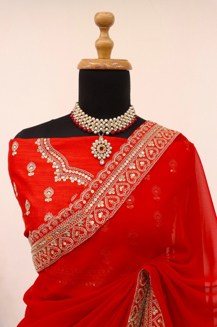 Bollywood-Inspired Red Lace Border Saree with Fancy Thread & Sequins Work