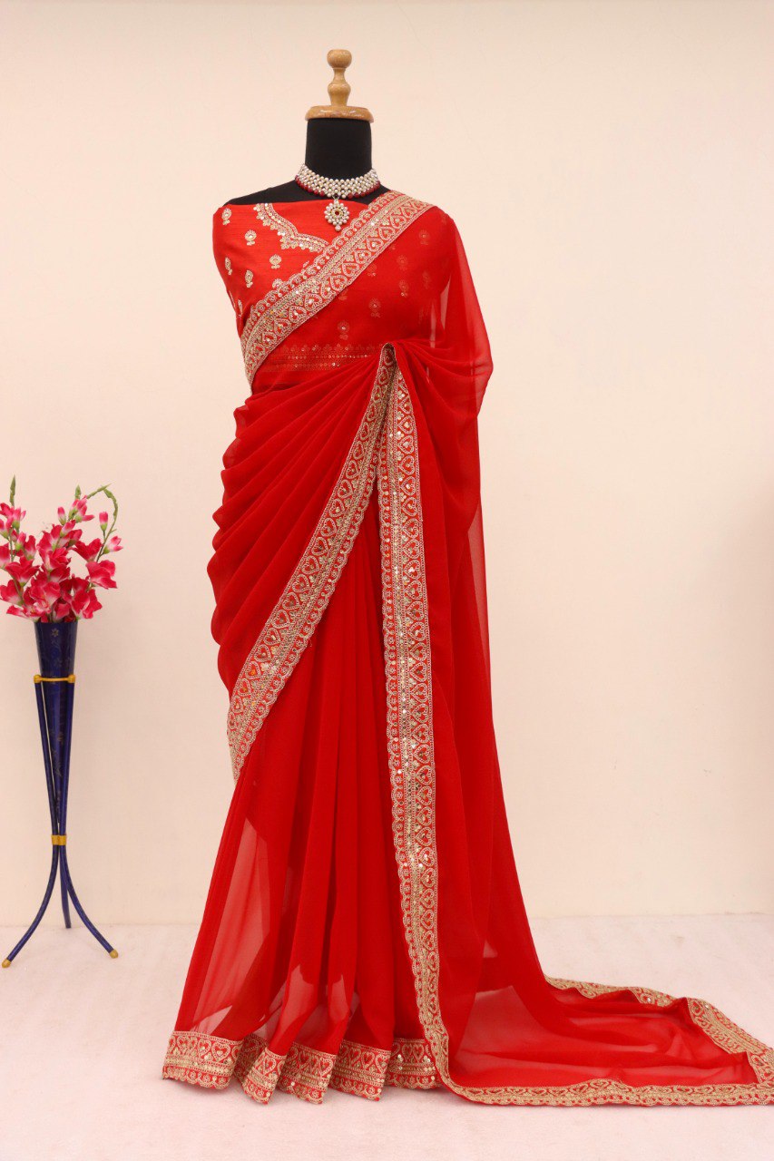 Bollywood-Inspired Red Lace Border Saree with Fancy Thread & Sequins Work