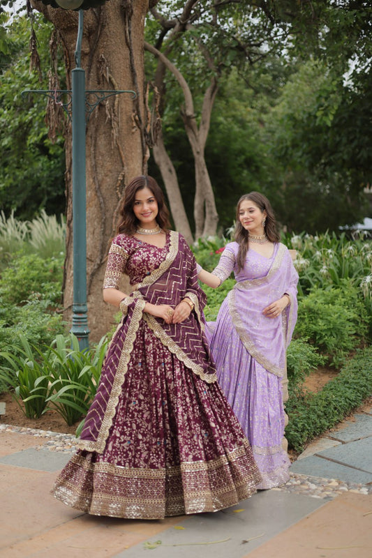 Dyable Viscose Jacquard Lehenga Choli Set with Sequins Embroidery - Wine & Lavender