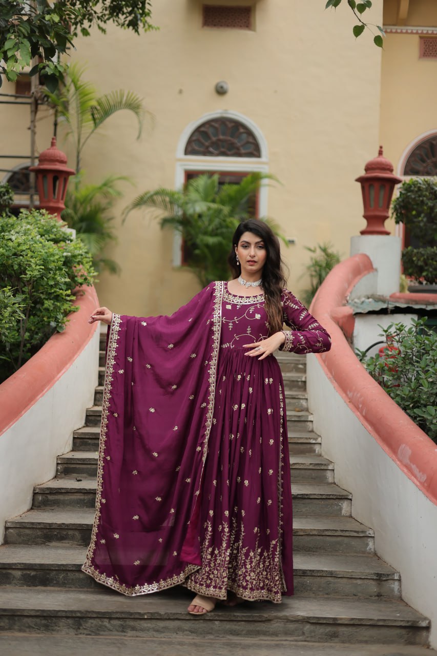 Premium Designer Readymade Top-Sharara-Dupatta Set with Chinon & Sequins Embroidered Work