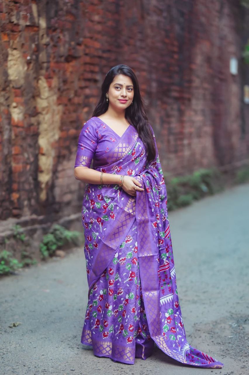 Lavender Soft Silk Handloom Kalamkari Saree with Zari Woven Border and Printed Blouse