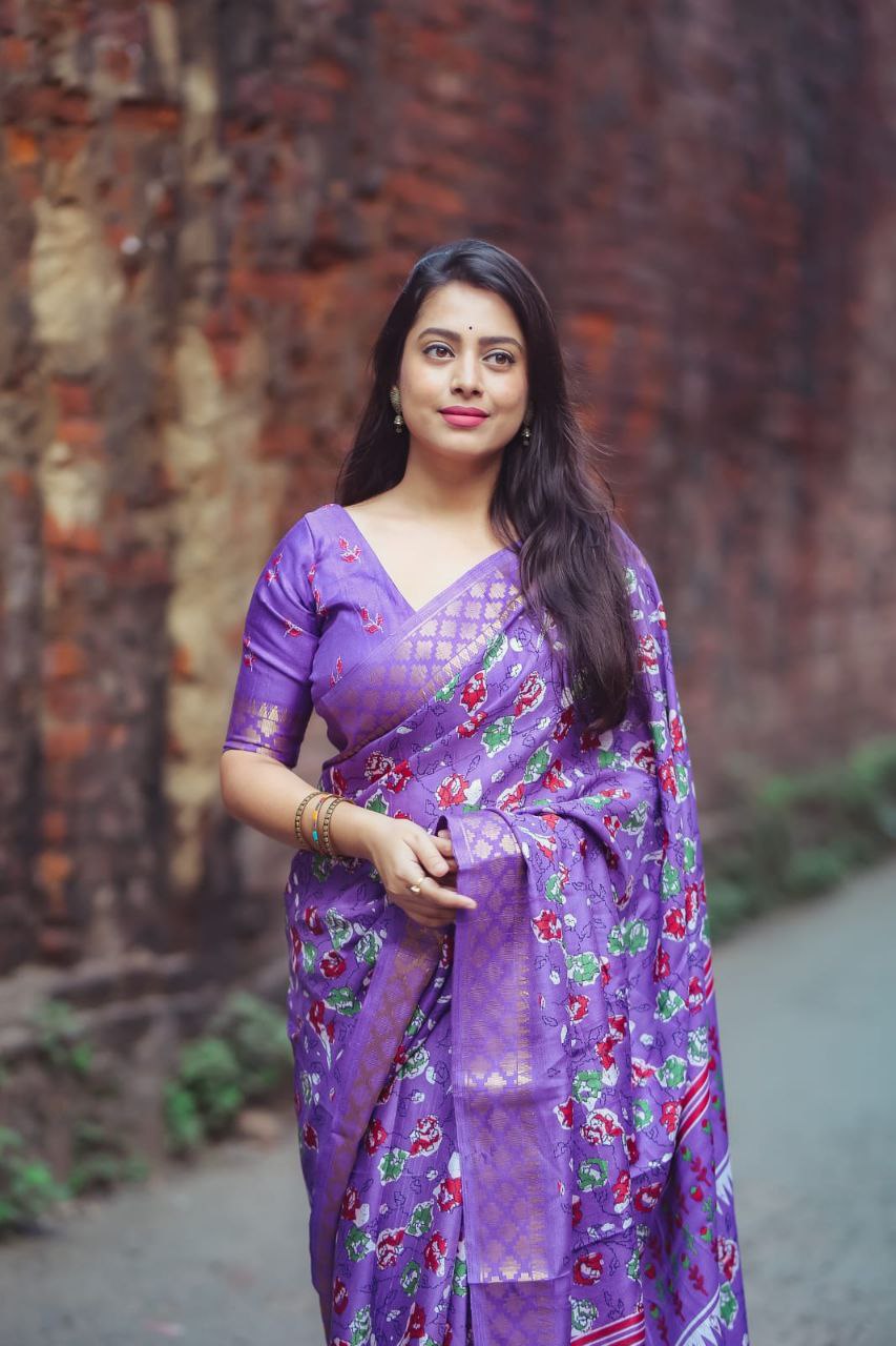 Lavender Soft Silk Handloom Kalamkari Saree with Zari Woven Border and Printed Blouse