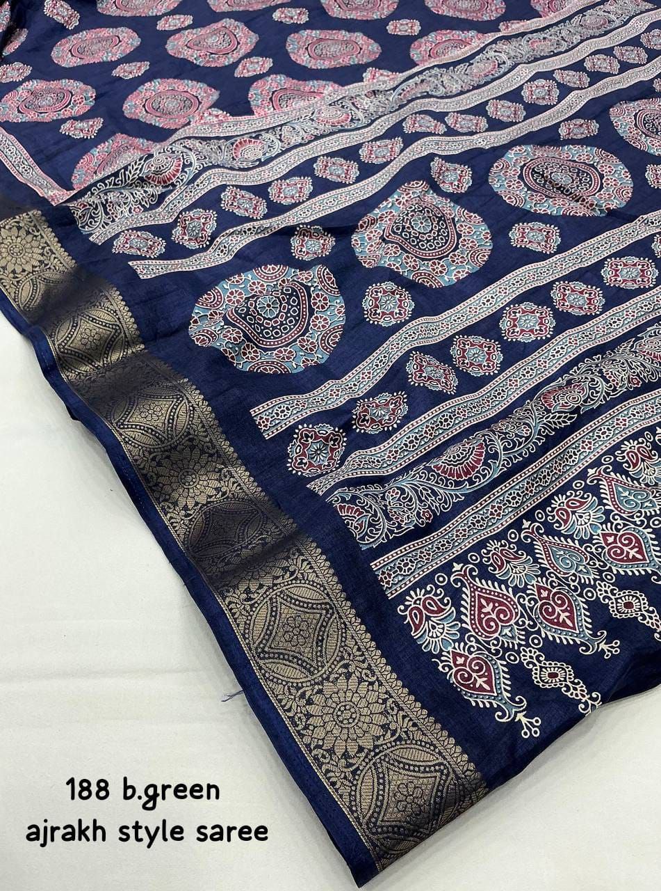 Ajrakh Style Printed Soft Slub Silk Saree with Zari Woven Border