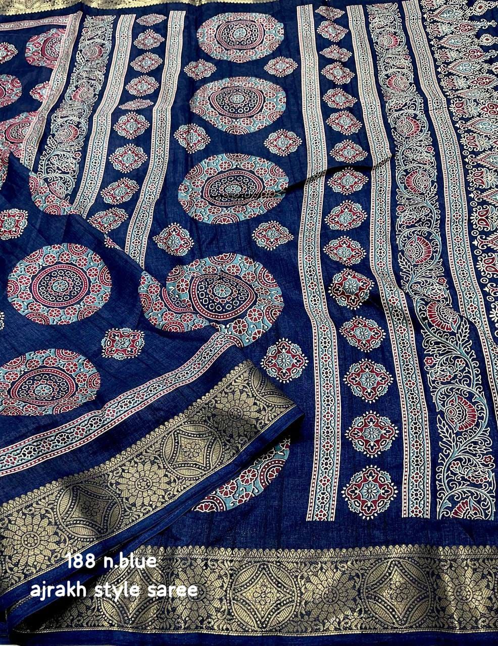 Ajrakh Style Printed Soft Slub Silk Saree with Zari Woven Border