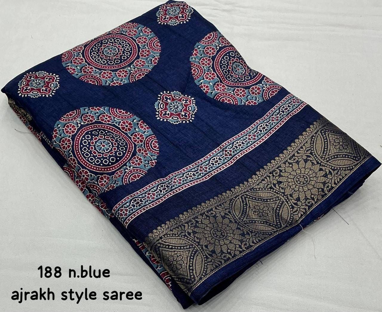 Ajrakh Style Printed Soft Slub Silk Saree with Zari Woven Border