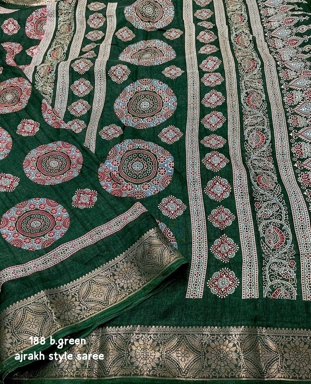 Ajrakh Style Printed Soft Slub Silk Saree with Zari Woven Border