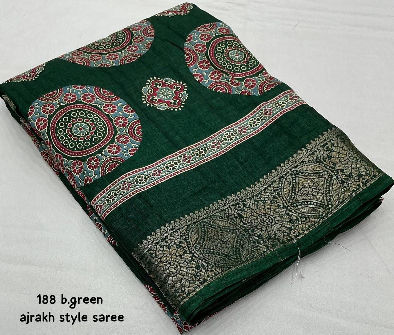 Ajrakh Style Printed Soft Slub Silk Saree with Zari Woven Border