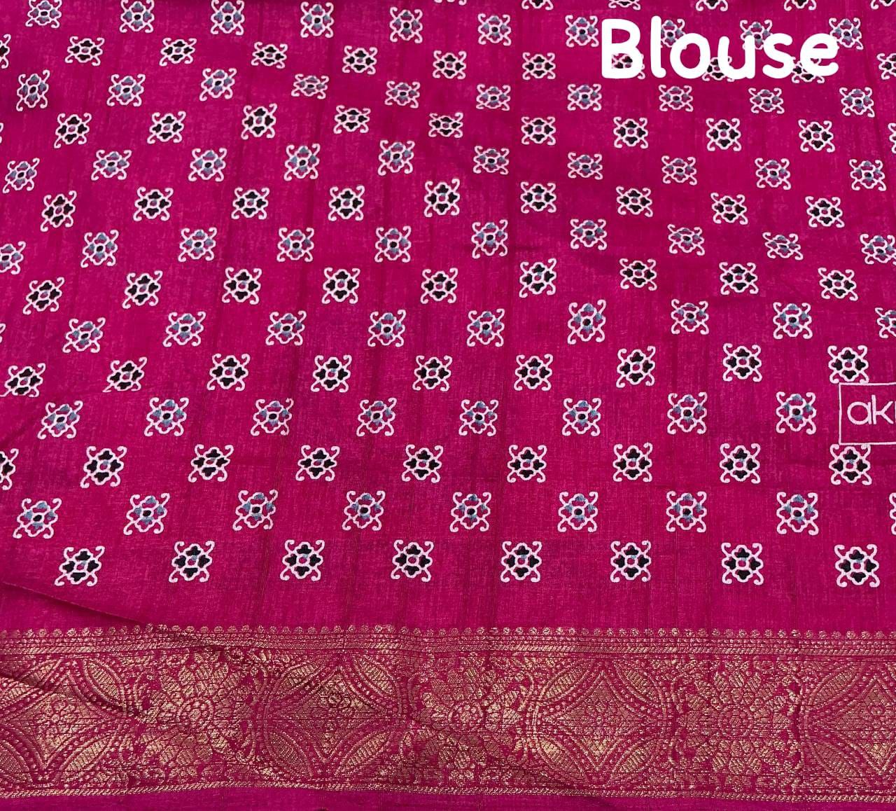 Ajrakh Style Printed Soft Slub Silk Saree with Zari Woven Border