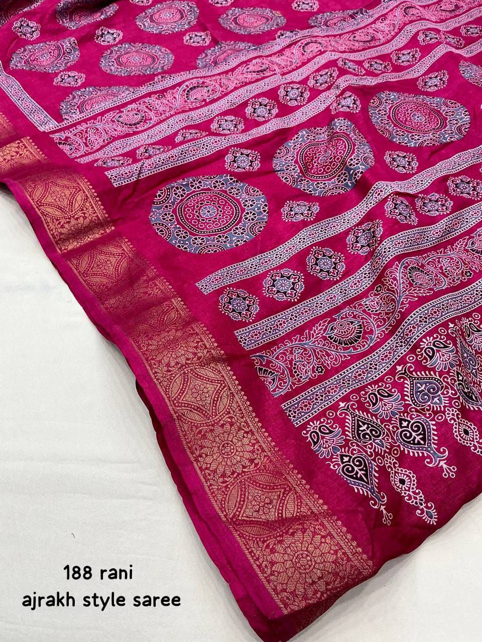 Ajrakh Style Printed Soft Slub Silk Saree with Zari Woven Border