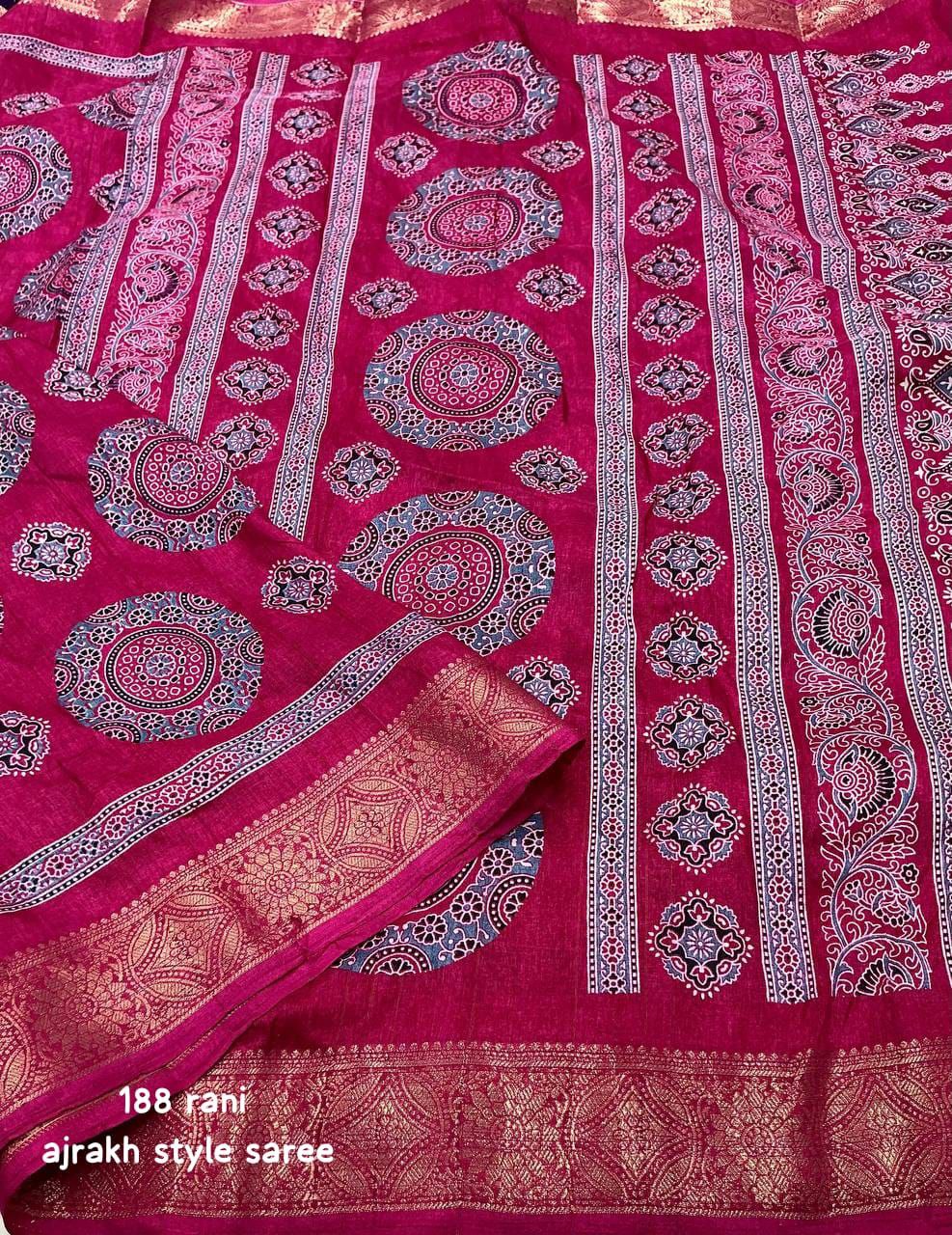 Ajrakh Style Printed Soft Slub Silk Saree with Zari Woven Border