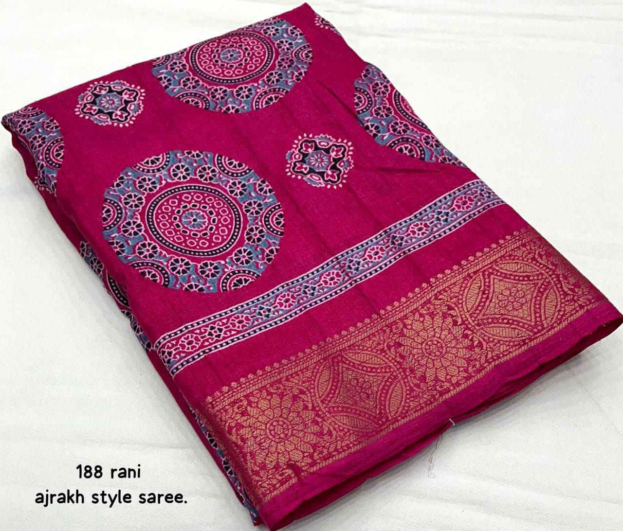 Ajrakh Style Printed Soft Slub Silk Saree with Zari Woven Border