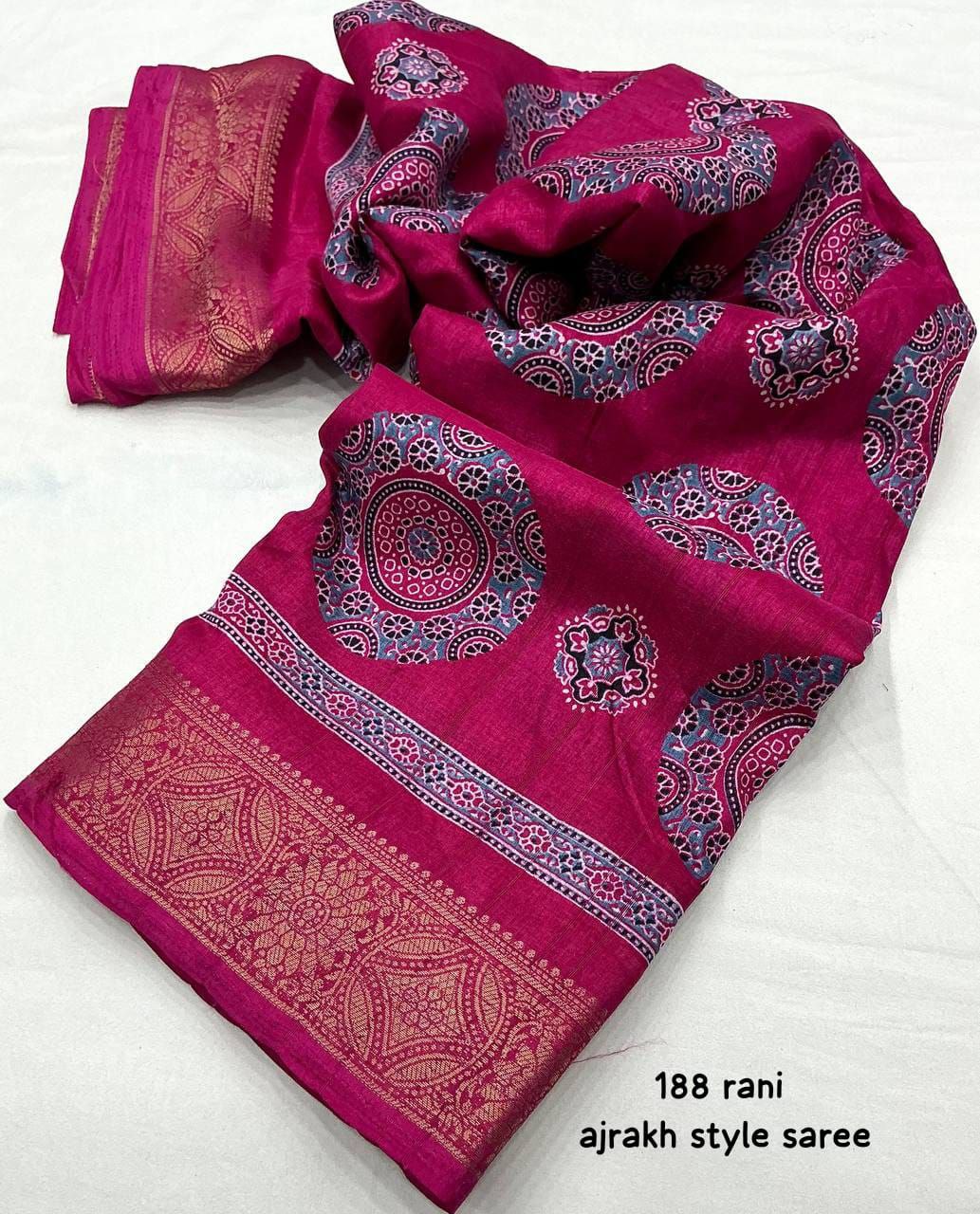 Ajrakh Style Printed Soft Slub Silk Saree with Zari Woven Border