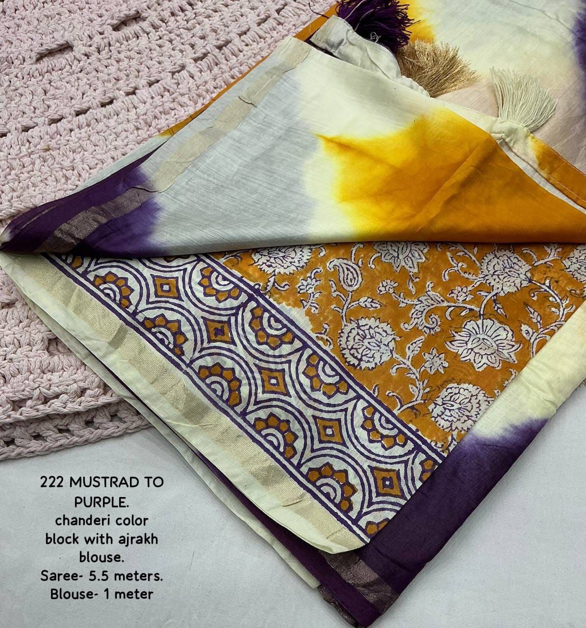 New Premium Cotton Color Block Saree with Ajrakh Blouse