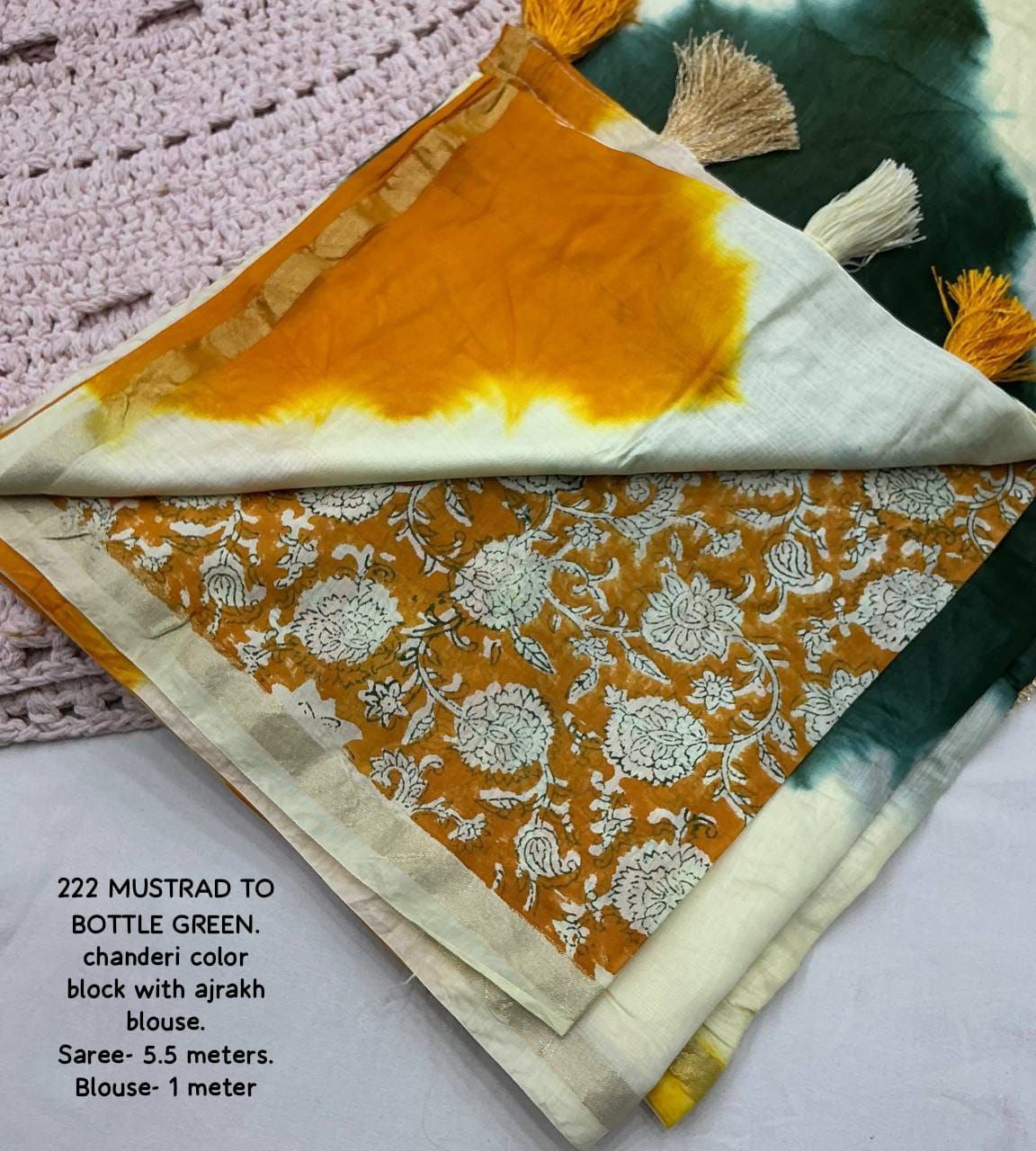 New Premium Cotton Color Block Saree with Ajrakh Blouse