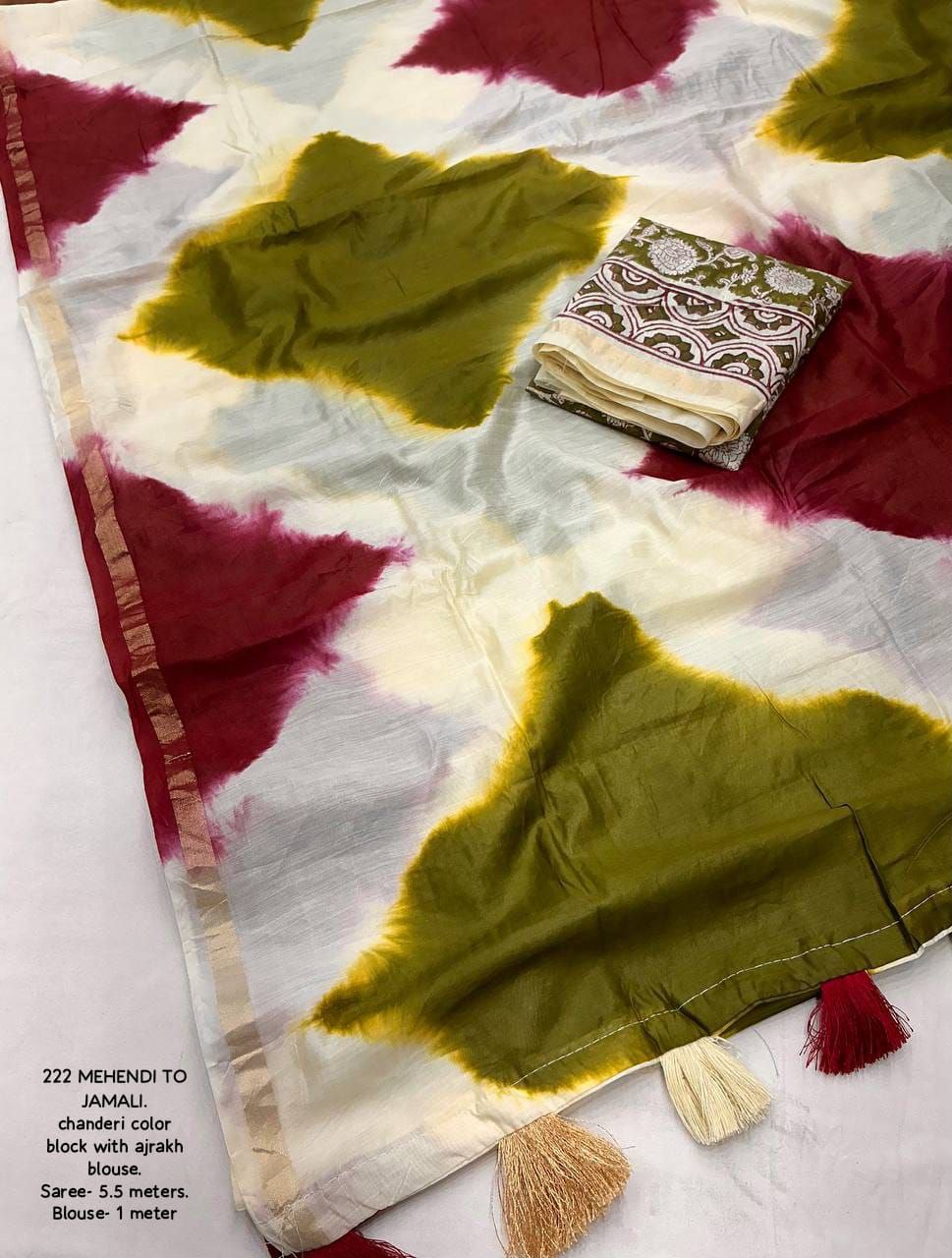 New Premium Cotton Color Block Saree with Ajrakh Blouse