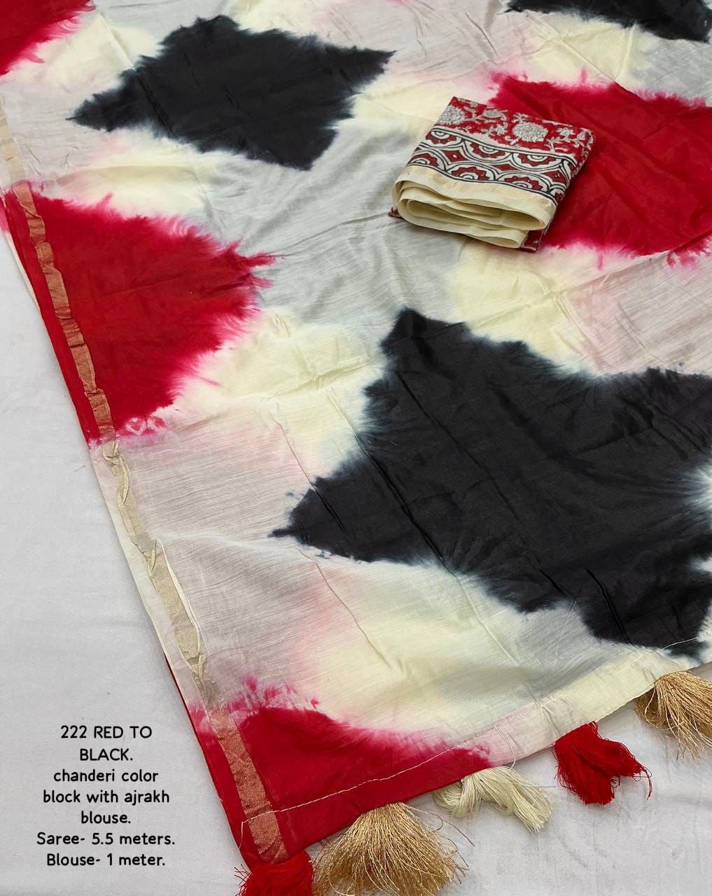 New Premium Cotton Color Block Saree with Ajrakh Blouse