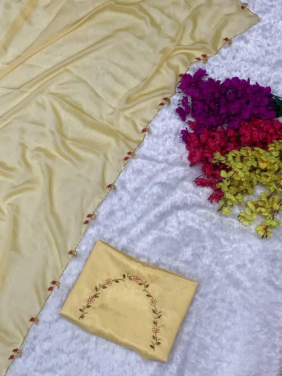 Elegant Heavy Rangoli Silk Saree with Handwork & Pearl Cutwork – Includes Heavy Silk Handworked Blouse