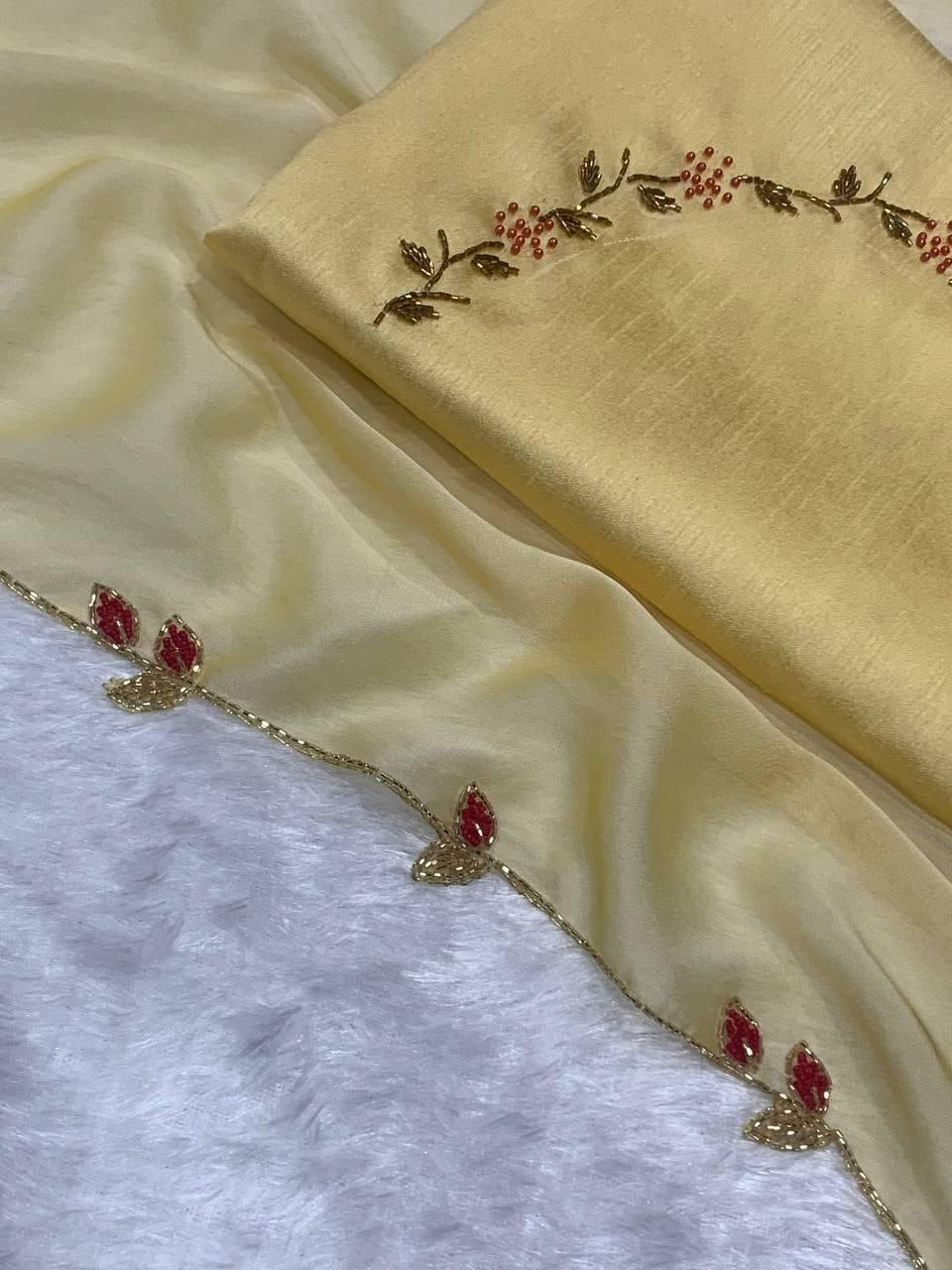 Elegant Heavy Rangoli Silk Saree with Handwork & Pearl Cutwork – Includes Heavy Silk Handworked Blouse