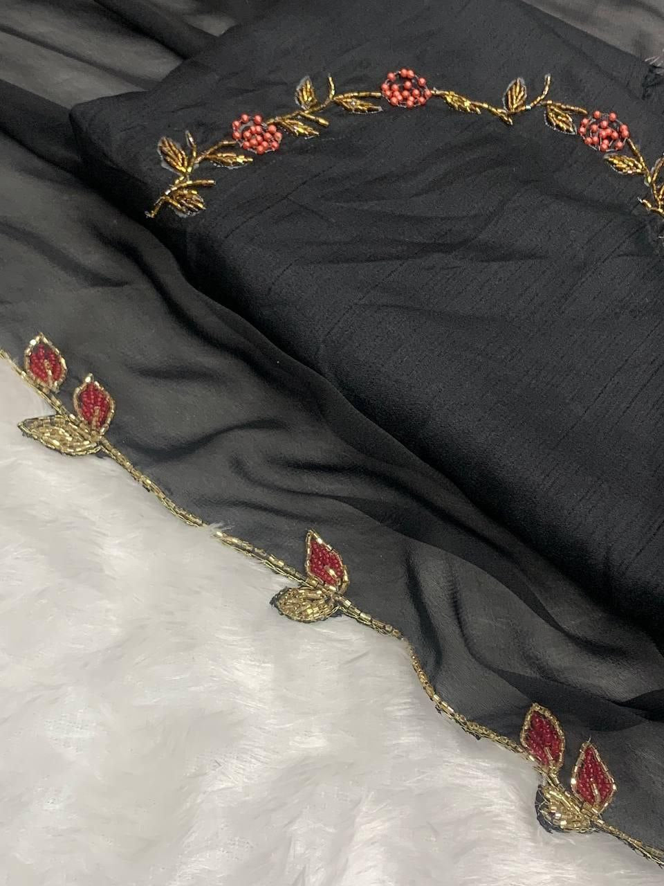 Elegant Heavy Rangoli Silk Saree with Handwork & Pearl Cutwork – Includes Heavy Silk Handworked Blouse