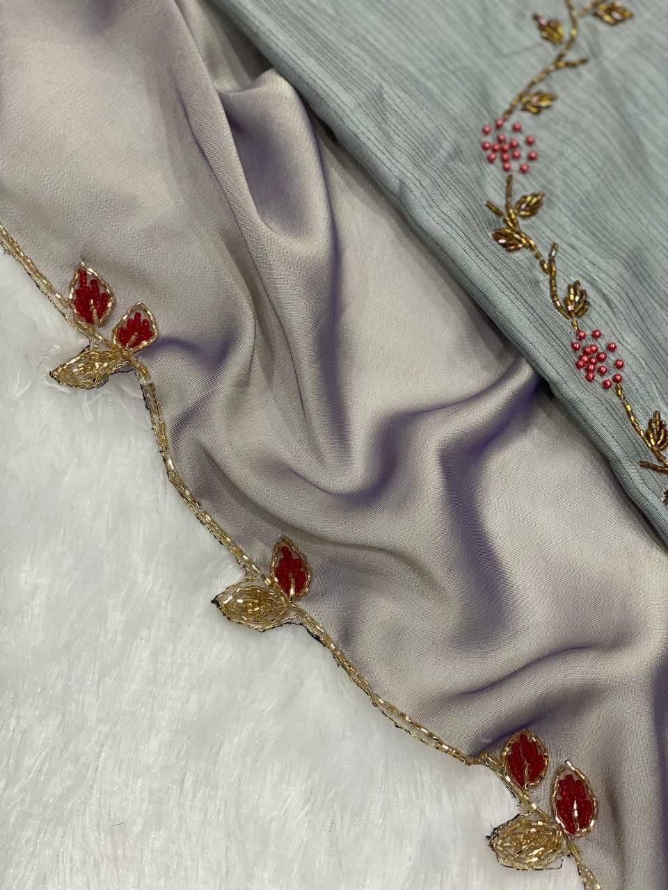 Elegant Heavy Rangoli Silk Saree with Handwork & Pearl Cutwork – Includes Heavy Silk Handworked Blouse