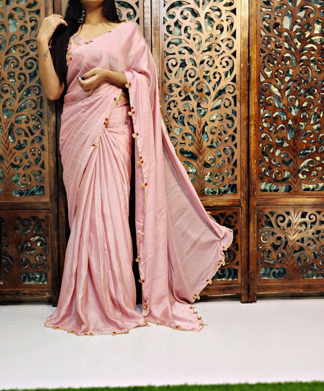 Elegant Heavy Rangoli Silk Saree with Handwork & Pearl Cutwork – Includes Heavy Silk Handworked Blouse