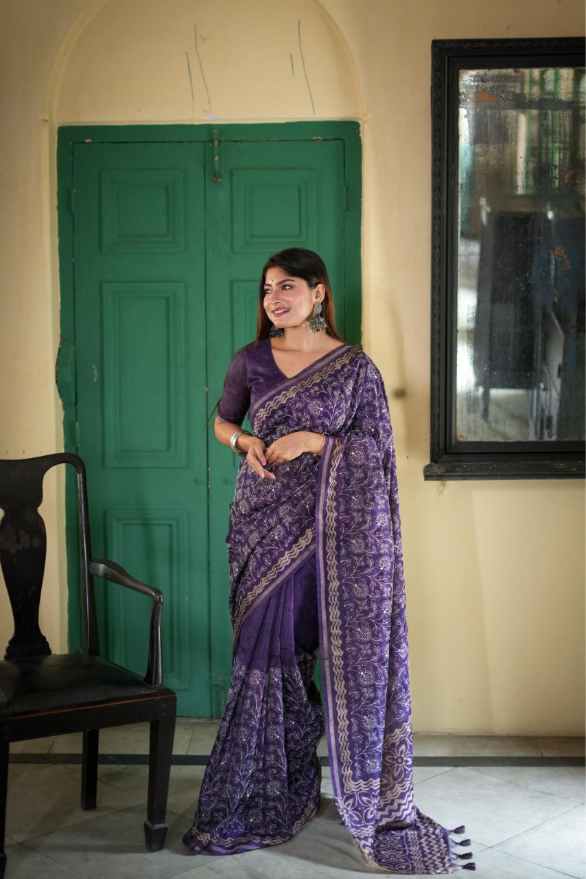 Premium Tussar Silk Saree with Batik Print and Floral Embroidery Work