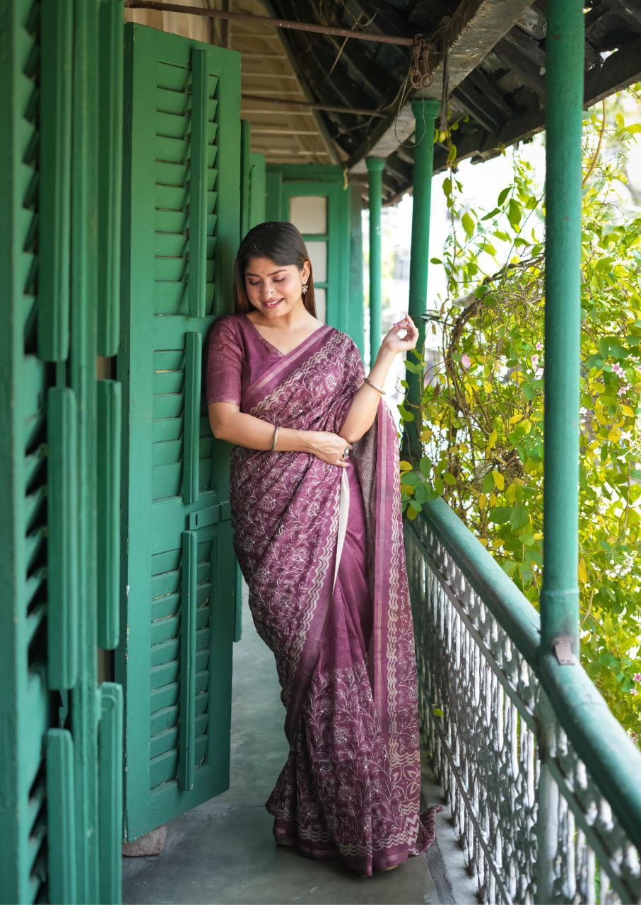 Premium Tussar Silk Saree with Batik Print and Floral Embroidery Work