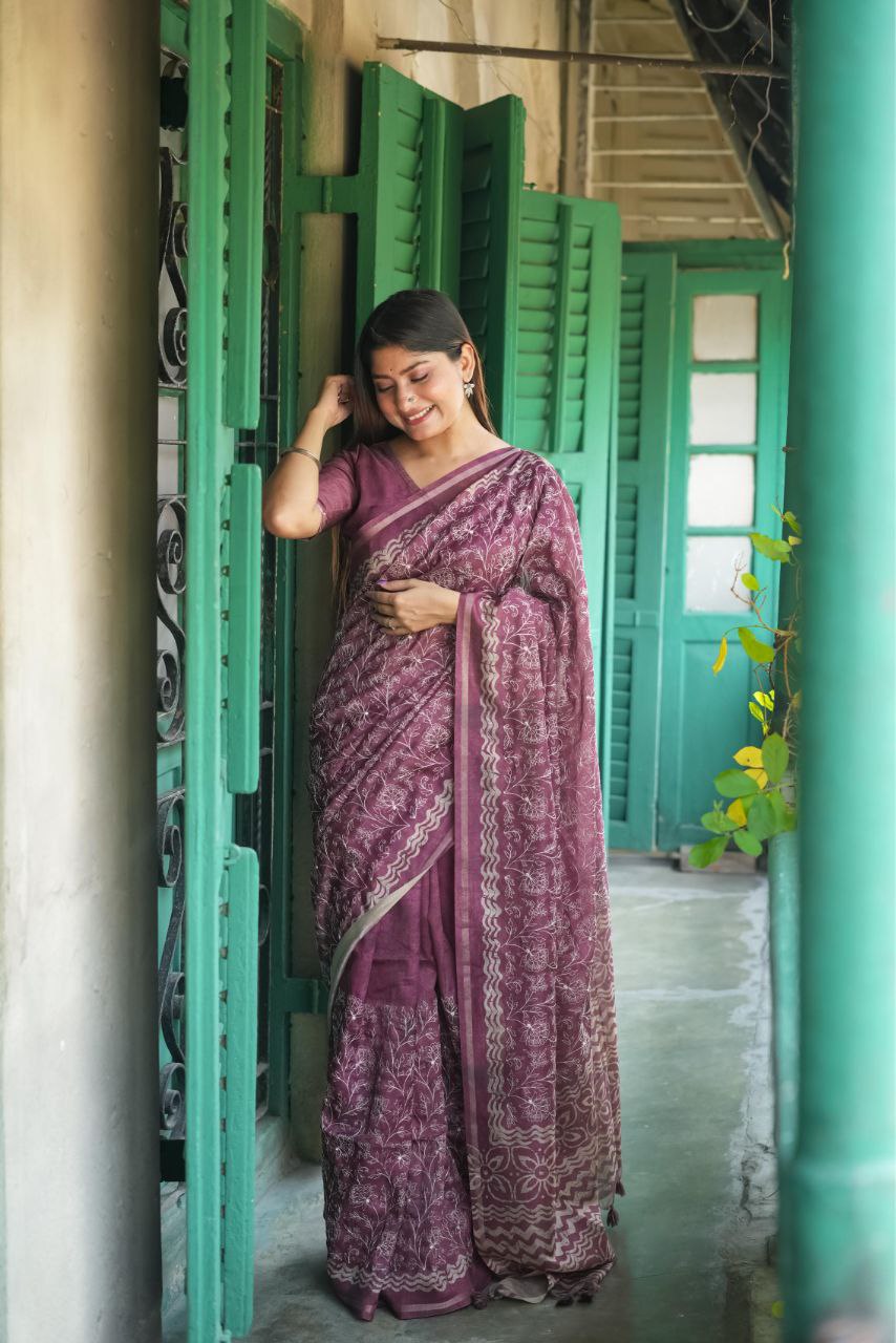 Premium Tussar Silk Saree with Batik Print and Floral Embroidery Work