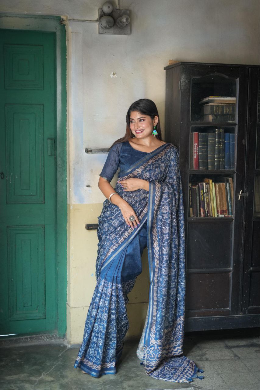 Premium Tussar Silk Saree with Batik Print and Floral Embroidery Work