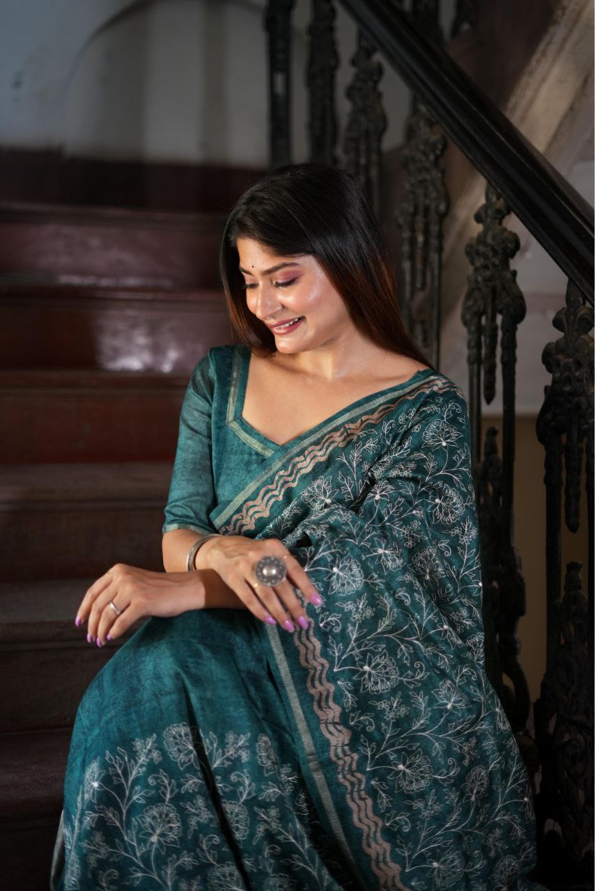 Premium Tussar Silk Saree with Batik Print and Floral Embroidery Work