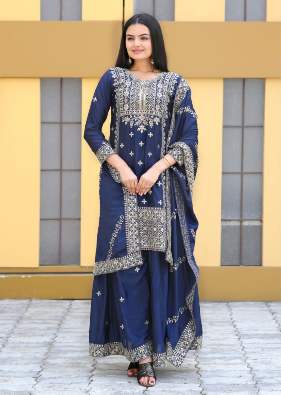 Elegant Chinon Fabric Embroidered Suit & Sharara Set with Dupatta