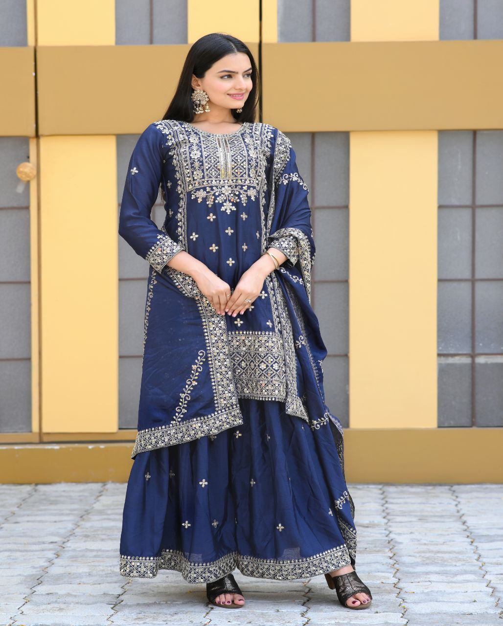 Elegant Chinon Fabric Embroidered Suit & Sharara Set with Dupatta