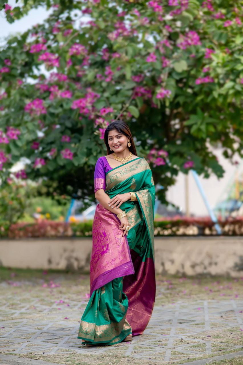 Premium Soft Banarasi Katan Silk Saree with Zari Weaving and Contrast Pallu