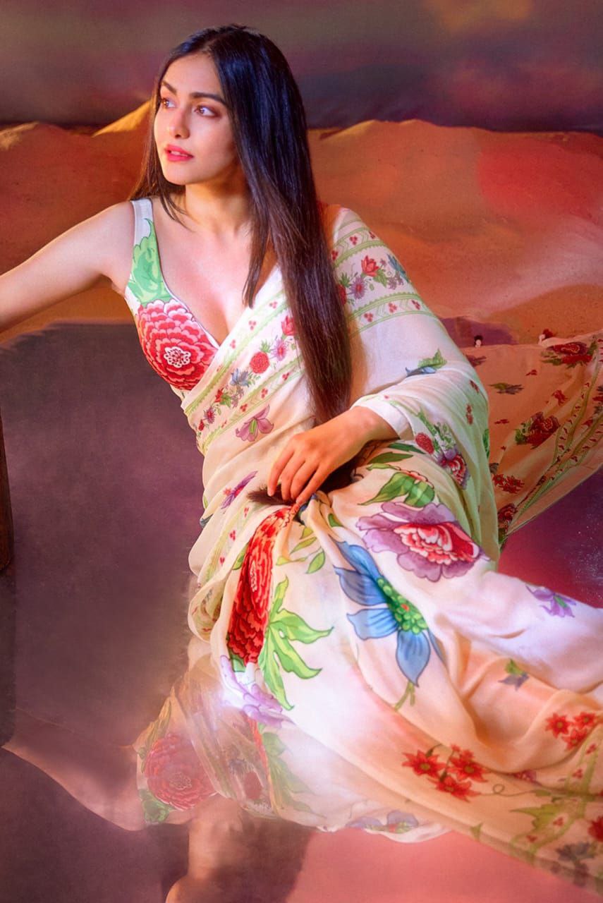 Bollywood Actress Adah Sharma Inspired Beige Satin Silk Saree with Multicolour Floral Print