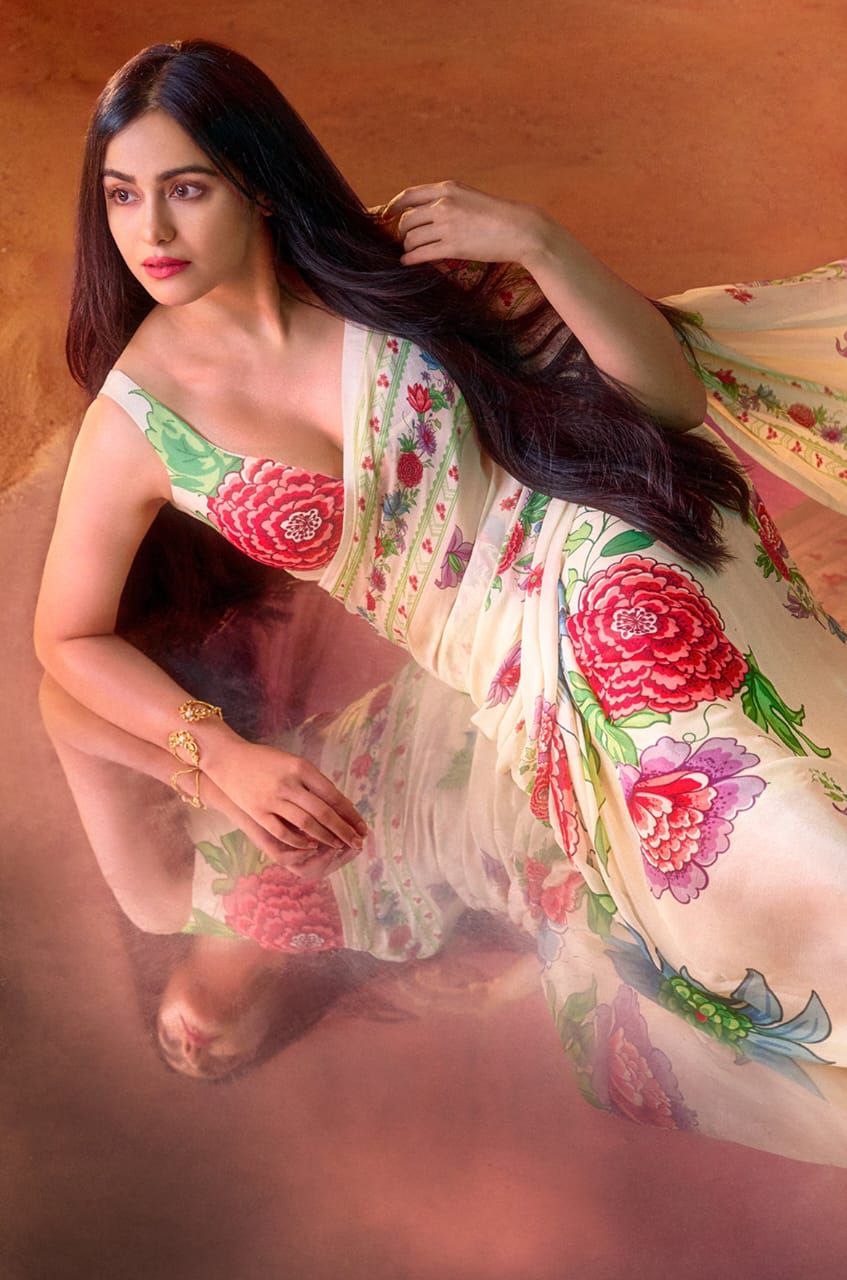 Bollywood Actress Adah Sharma Inspired Beige Satin Silk Saree with Multicolour Floral Print