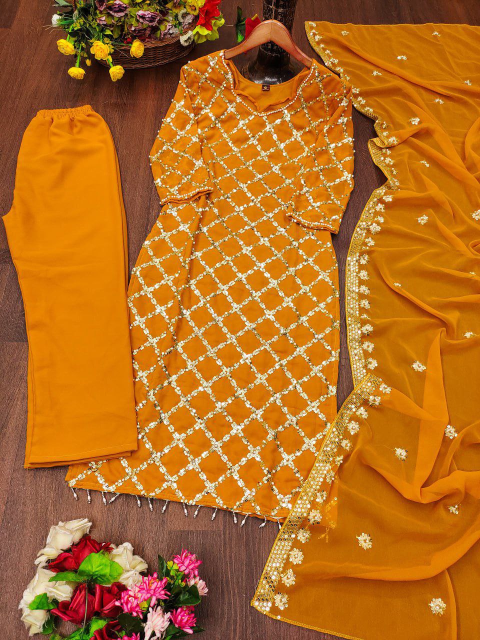 Elegant Sequence Embroidery & Rivet Moti Work Fox Georgette Top, Pant, and Dupatta Set