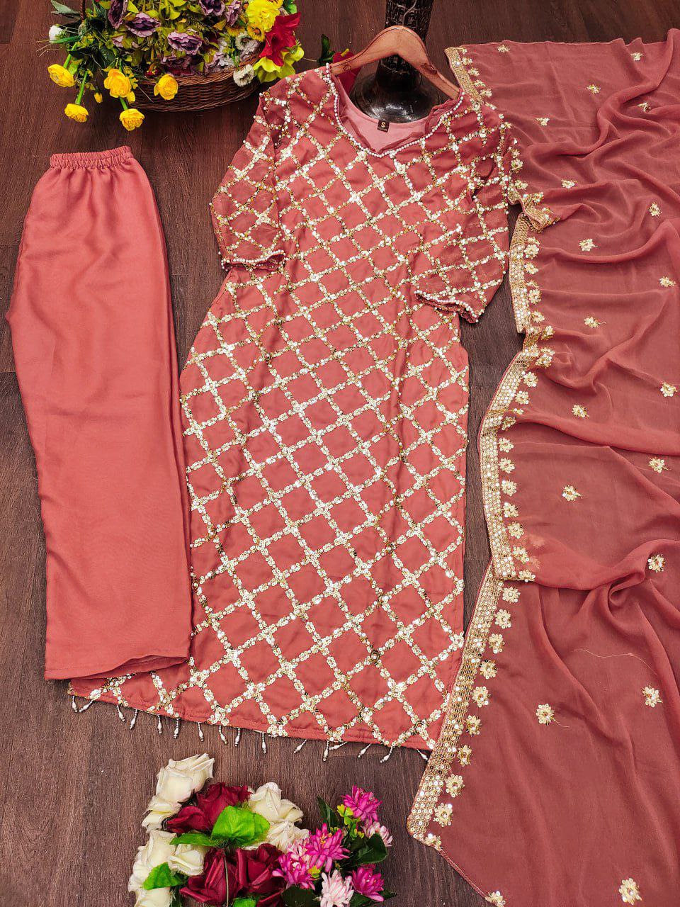 Elegant Sequence Embroidery & Rivet Moti Work Fox Georgette Top, Pant, and Dupatta Set